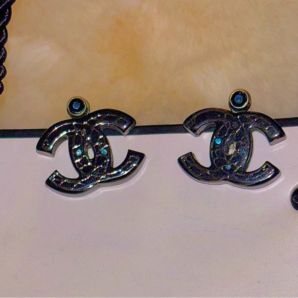 CHANEL Blue Crystal Logo Earrings - Authentic- with Box/Bag